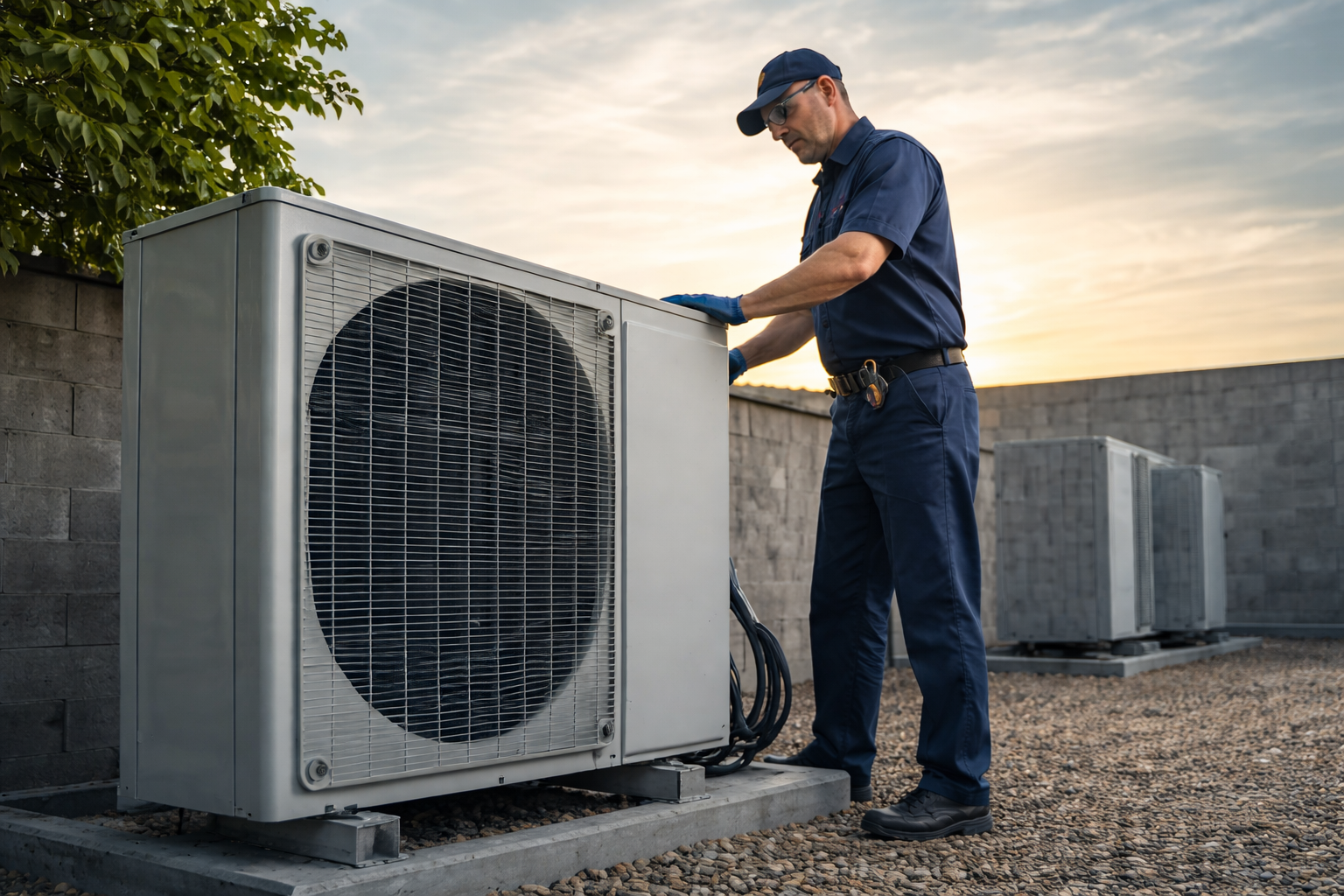 Technician servicing outdoor AC unit
